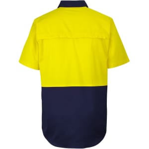 A short-sleeved work shirt in high-visibility yellow and navy blue, featuring a logo on the back.
