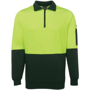 A bright lime green and dark green polar fleece jumper with a half zip and a side pocket, featuring a logo.