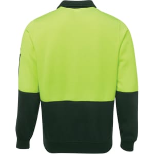 A high-visibility fleece garment in bright yellow and dark green, featuring a collar and long sleeves with a logo.