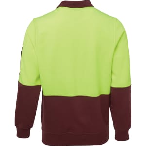 A fleece pullover featuring a bright yellow-green upper section and a brown lower section, with a logo on the arm.