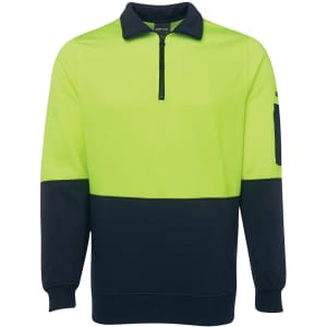 A high visibility fleece pullover in bright yellow and navy, featuring a half zip and a sleeve pocket with a logo.