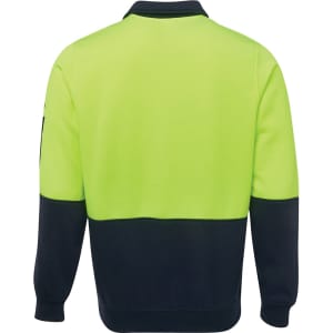 A fleece jumper in bright yellow and navy, featuring a collar and long sleeves, with a logo on the sleeve.