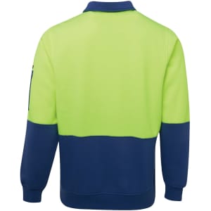 A fleece pullover in bright yellow-green and navy blue, featuring a collar and a zippered pocket on the sleeve.