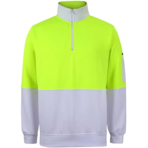 A bright high-visibility yellow and grey polar fleece top featuring a half zip and a sleeve pocket.