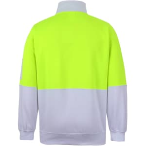 A high-visibility fleece jumper in bright yellow and grey, featuring a collar and long sleeves, with a logo on the side.