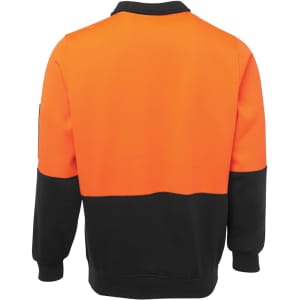 A fleece work jumper in orange and black with a logo, featuring a half-zip collar and long sleeves.