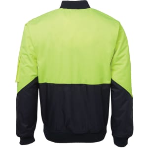 A high-visibility flying jacket in neon yellow and navy blue. Features a logo and ribbed cuffs.