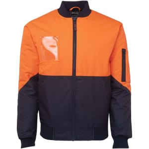 Hi-vis orange and navy work jacket featuring a zip front and a clear pocket on the chest. Includes a branded logo.