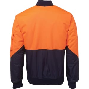 Hi-vis jacket in orange and navy, featuring a zip front and a pocket on the sleeve. Includes logo branding.
