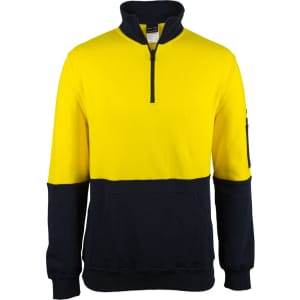 A half-zip fleece jumper in yellow and navy, featuring a front pocket and a side zip pocket, with a logo on the sleeve.