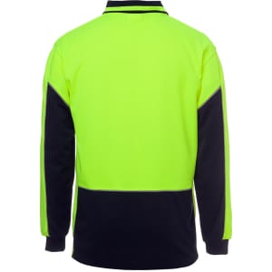 A long-sleeve polo shirt in fluorescent yellow with navy blue accents and a logo on the back.