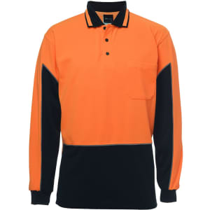An orange and black long-sleeve polo shirt with a pocket and logo. Suitable for workwear.