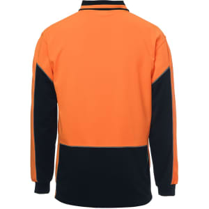 An orange and navy long-sleeve polo shirt with a branding logo on the back. Suitable for workwear.