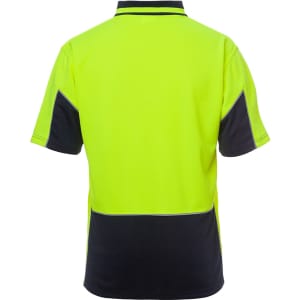 A high-visibility polo shirt featuring a bright yellow front and navy blue back, with a logo.
