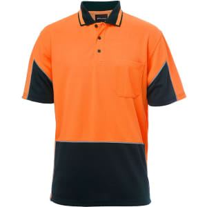 An orange and navy work polo shirt featuring a pocket and a logo. Ideal for workwear use.