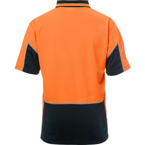 An orange and black short-sleeve polo shirt with a logo, featuring contrast stitching and a collar.