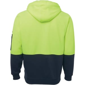 A fleece hoodie featuring a high-visibility yellow upper section and a navy blue lower section, with a logo present.