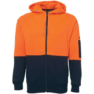 A full zip hoodie in hi-visibility orange and navy, featuring a logo and a side pocket.
