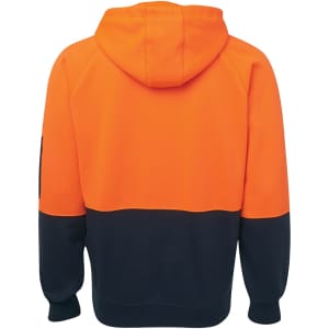 An orange and navy hoodie with a full zip and hood, featuring a logo on the sleeve.