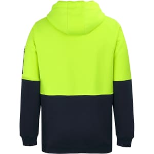 A fleecy hoodie in bright yellow and navy, featuring a hood and a branded logo. Suitable for workwear.