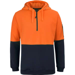 An orange and navy 1/2 zip fleece hoodie with a hood and a logo on the sleeve.