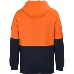 A back view of a two-tone hoodie in bright orange and navy with a hood and a sleeve logo.