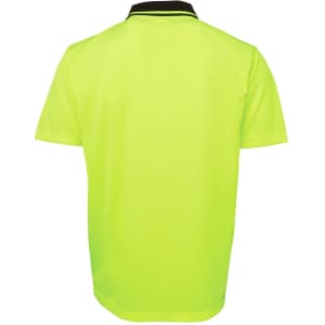 A high-visibility yellow polo shirt with a black collar and branding. The back view displays a smooth, lightweight fabric.