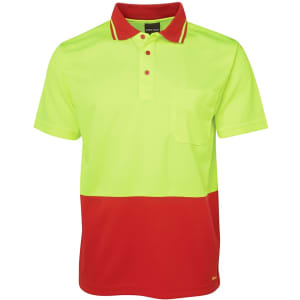A high-visibility work polo shirt featuring a bright yellow top and red bottom, with a chest pocket and logo.