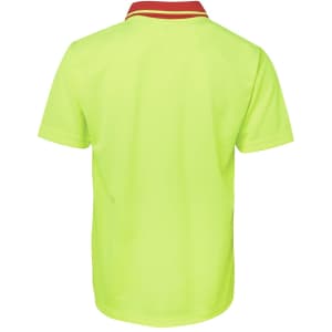 A bright yellow work polo shirt with a red collar, featuring a logo on the back.