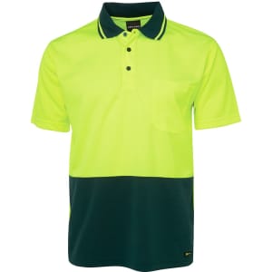 A work polo shirt in high visibility yellow and dark green, featuring a collar and a chest pocket.