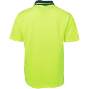 A bright yellow work polo shirt featuring a contrasting collar and a logo.