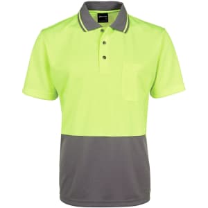 A bright yellow and grey work polo shirt with a collar and a pocket, featuring a logo.