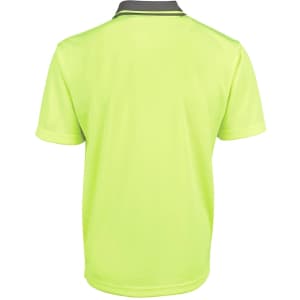 A back view of a bright yellow polo shirt with a contrasting collar and a logo.