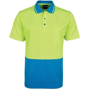 A high-visibility polo shirt featuring bright lime green and blue sections, with a collar and a pocket.