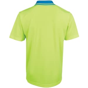 A lime green work polo shirt with a blue collar and a logo on the back.