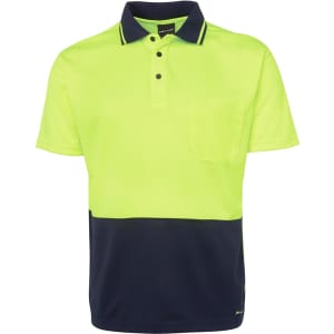 A bright yellow and navy work polo shirt with a collar, pocket, and logo. Ideal for workwear settings.
