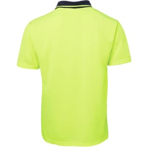 A bright yellow polo shirt featuring a contrasting black collar and a logo at the back.
