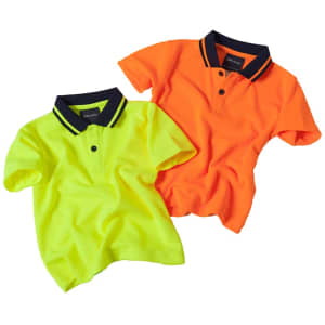 Two polo shirts in high-visibility colours: one bright yellow and one vibrant orange, both with contrasting collars and a logo.