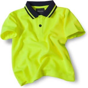 A bright yellow work polo shirt with a navy collar and a small logo.