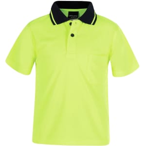 A high-visibility yellow work polo shirt with a black collar and a chest pocket. It features branding on the collar.