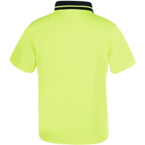 A yellow work polo shirt featuring a contrasting navy collar and a breathable mesh texture. Includes a logo.