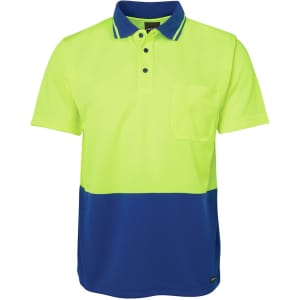 A work polo shirt in bright yellow and navy blue, featuring a pocket and logo.