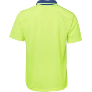 A bright yellow work polo shirt featuring a navy collar and a logo on the back.