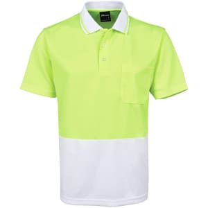 A high-visibility yellow polo shirt featuring a white lower section and a chest pocket, with a logo present.