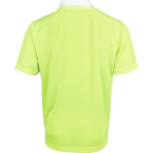 A back view of a bright yellow polo shirt with a white collar, featuring a logo.