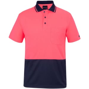A pink and navy work polo shirt with a collar and a chest pocket. It features a branding logo.