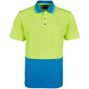 A bright yellow and blue work polo shirt featuring a pocket and contrasting collar. The shirt has a logo on it.