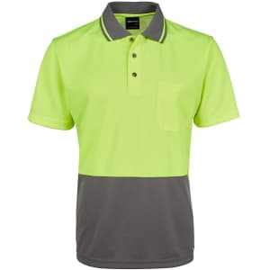 A work polo shirt in bright lime green and dark grey, featuring a collar and a chest pocket. It has a logo.