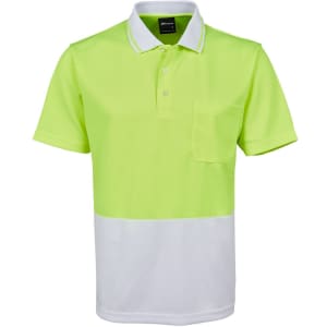 A bright yellow and white work polo shirt featuring a pocket and a logo.