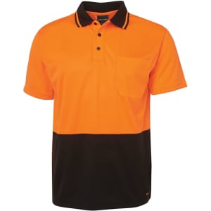 An orange and black work polo shirt featuring a collar, buttons, and a chest pocket. It includes a logo.